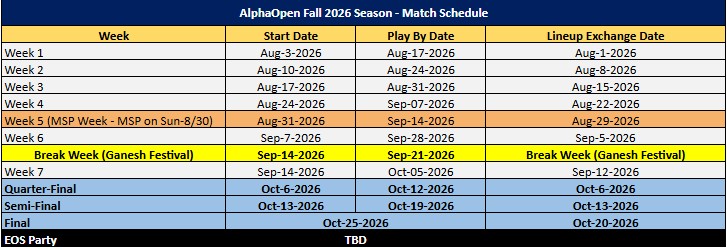 AlphaOpen Fall 2026 match calendar